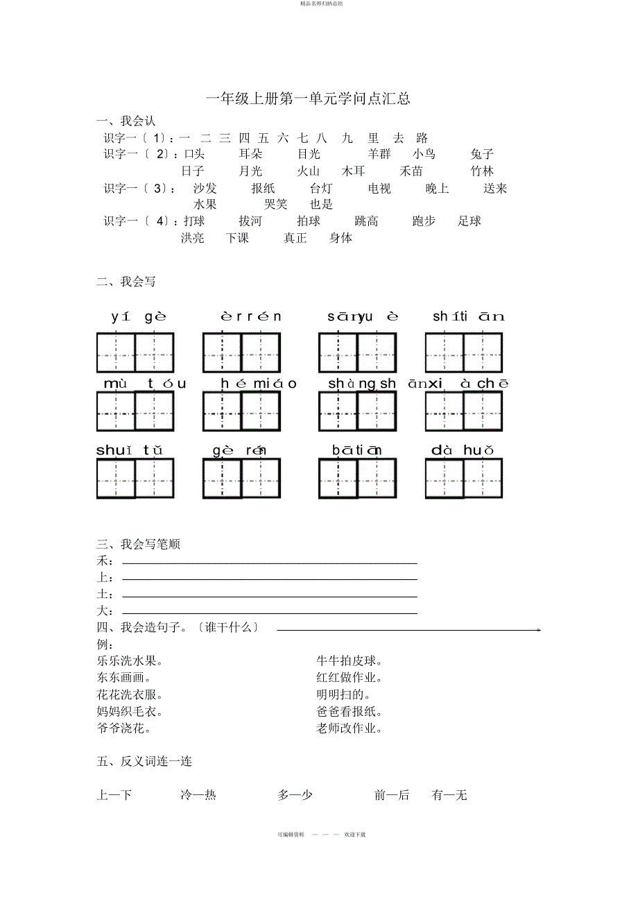 人教版小学一级语文上册各单元知识点汇总_第1页