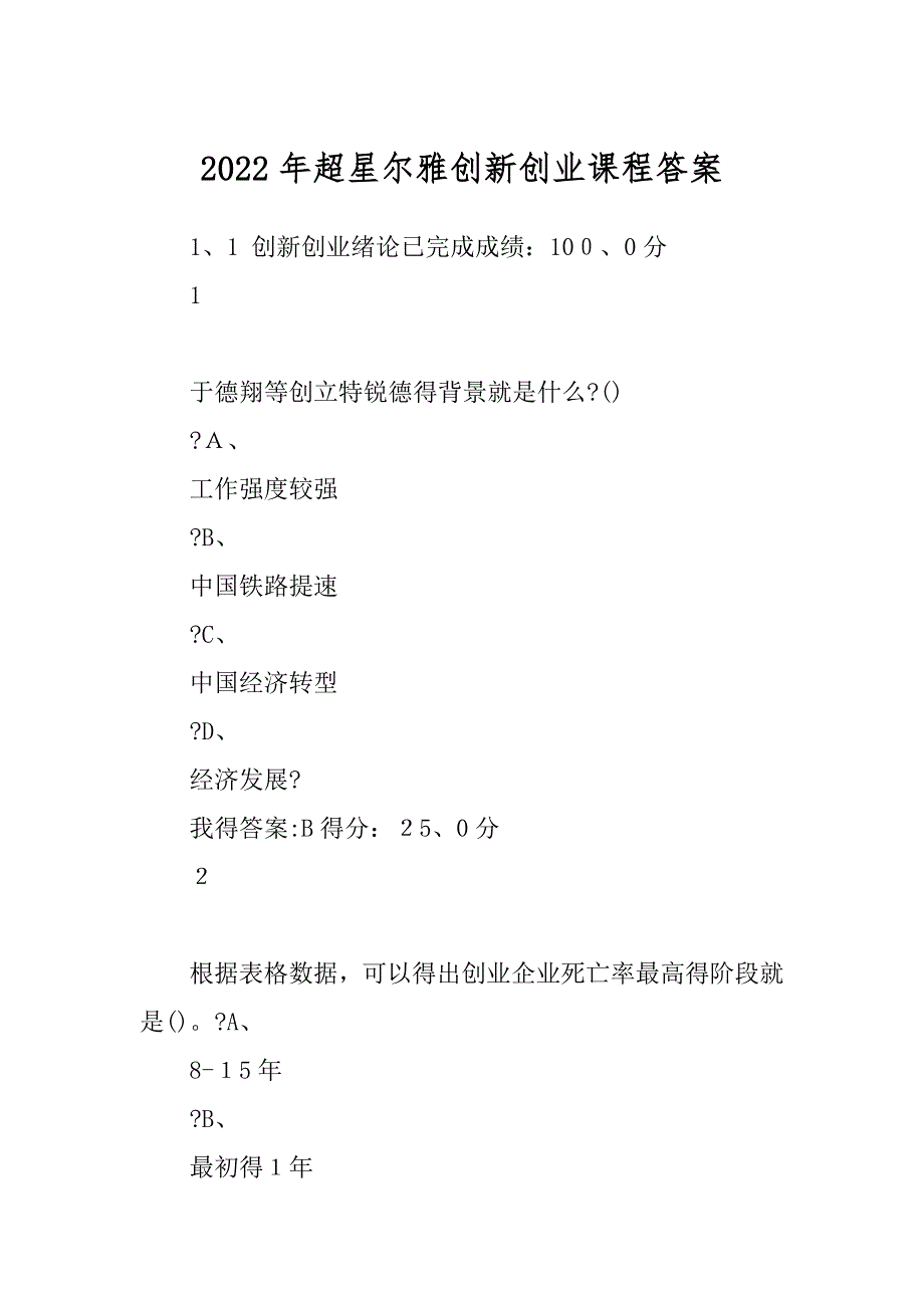2022年超星尔雅创新创业课程答案_第1页