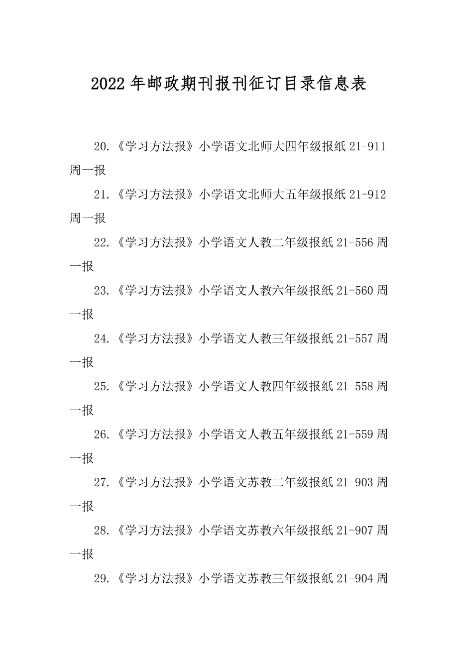 2022年邮政期刊报刊征订目录信息表_第1页