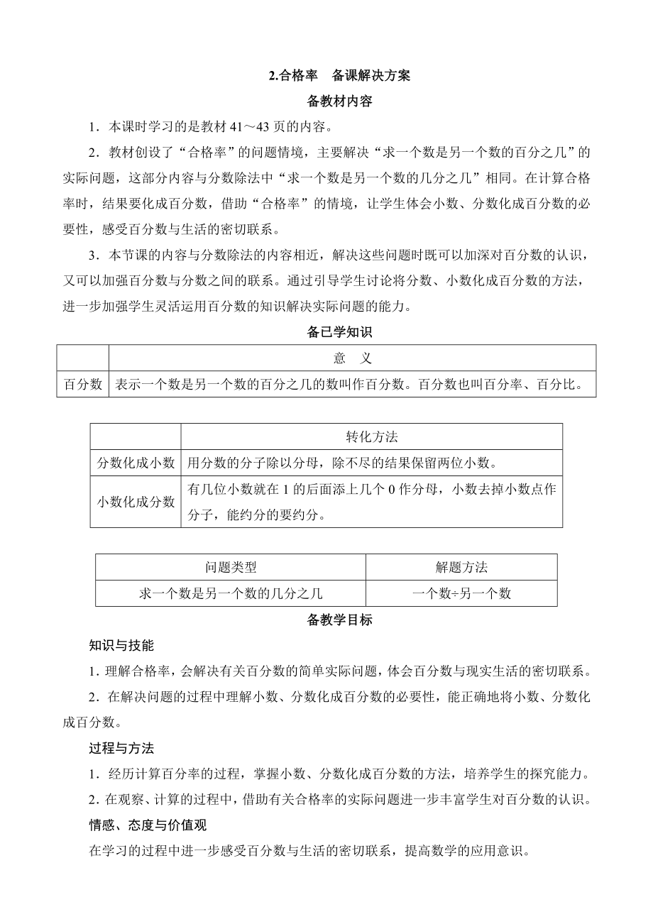 北京师大版小学数学六年级上册第四单元第2课时《合格率》备课解决方案_第1页