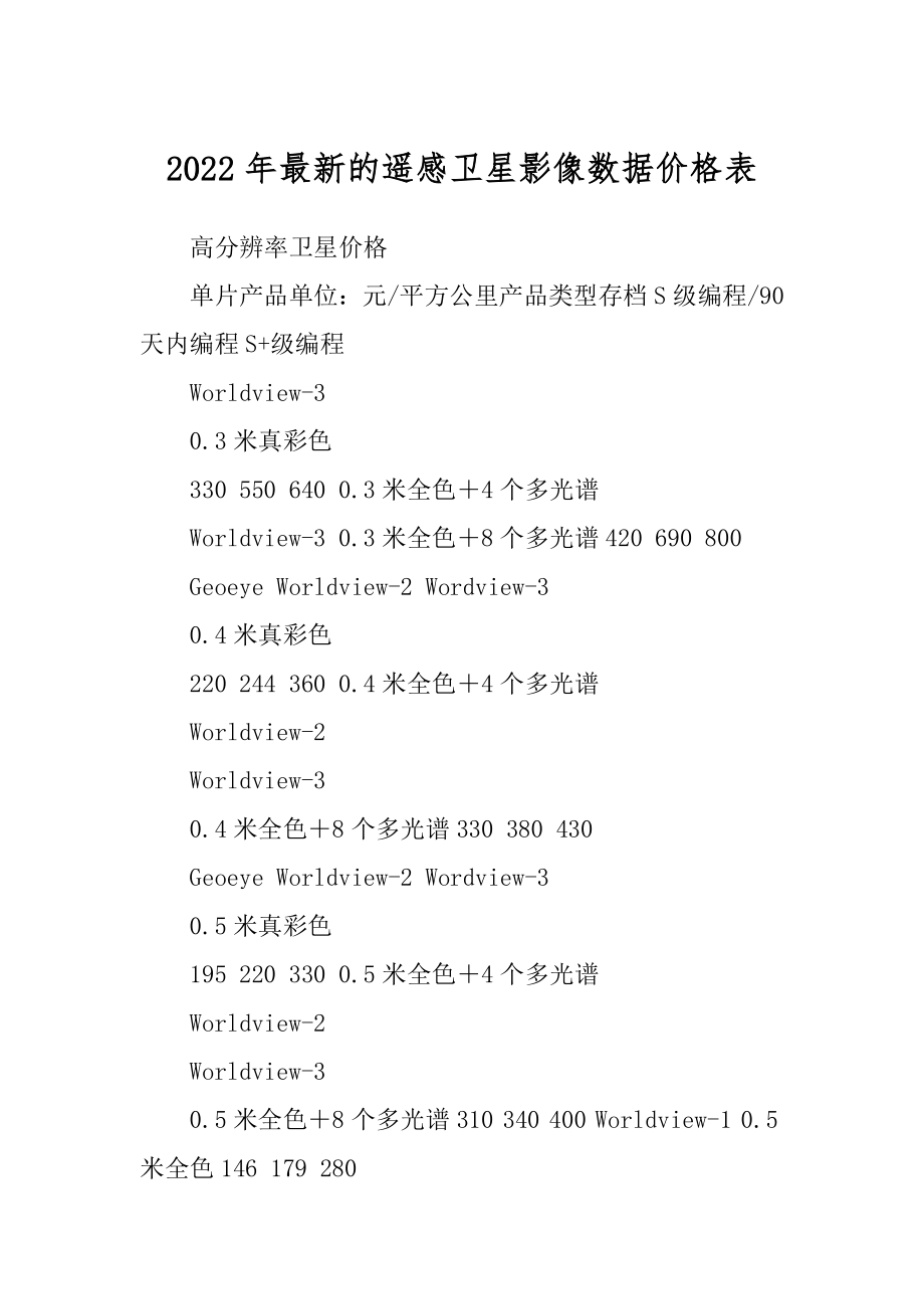 2022年最新的遥感卫星影像数据价格表_第1页