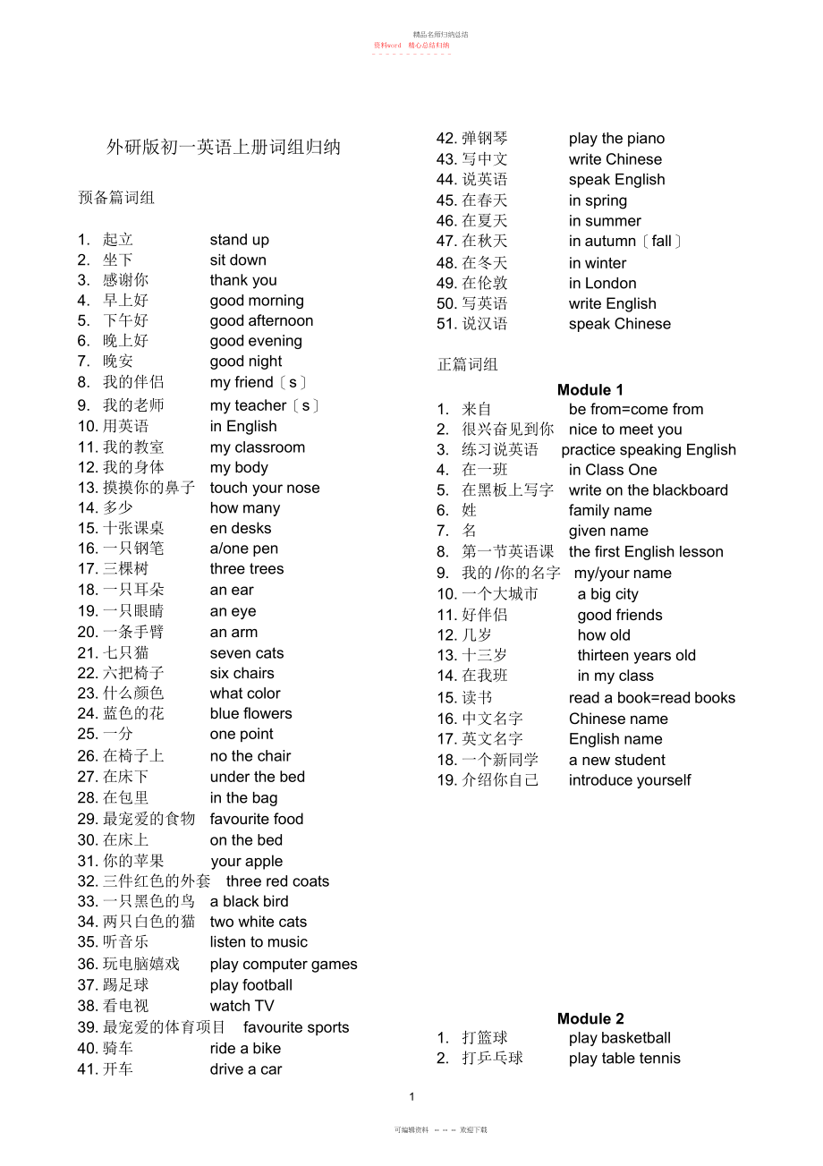 外研版初一英语上册词组归纳_第1页