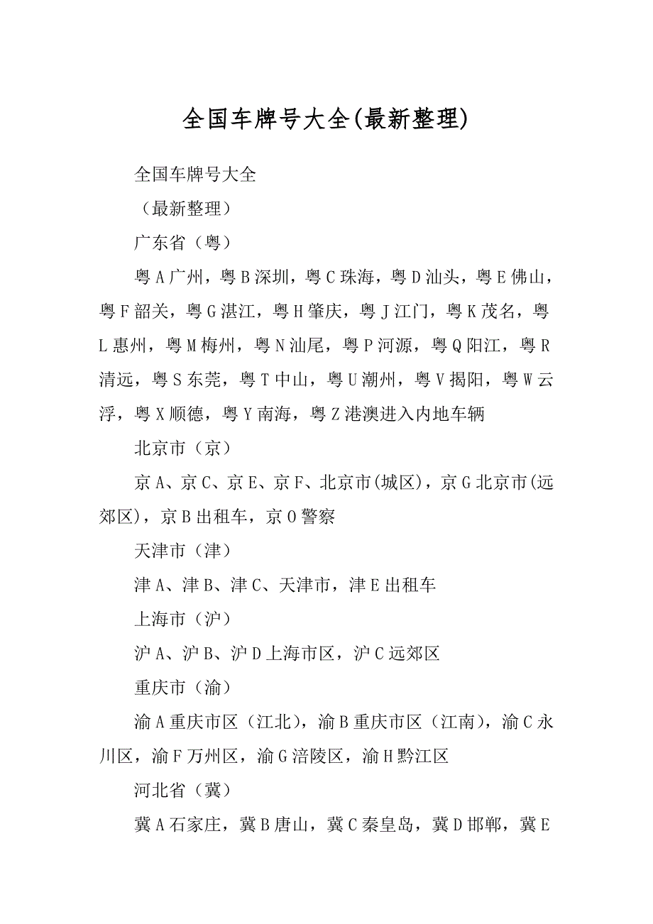 全国车牌号大全(最新整理)_第1页