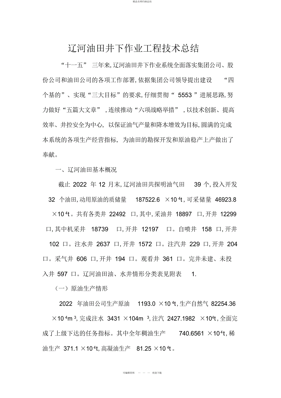 辽河油田井下作业工程技术总结_第1页