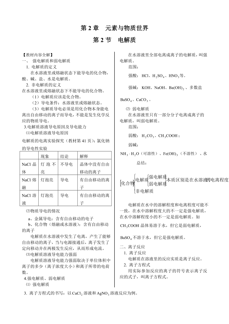 配套中学教材全解学案版—第2章 第2节 电解质（鲁科版必修1）_第1页