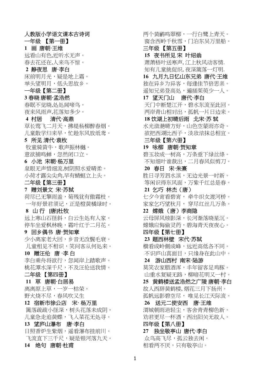 人教版小学生语文课本1--6年级古诗词_第1页