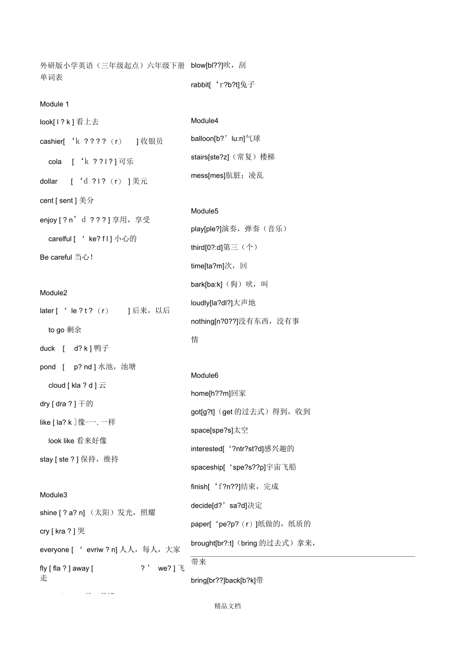 外研版小学英语(三年级起点)六年级下册单词表(带音标)0001_第1页