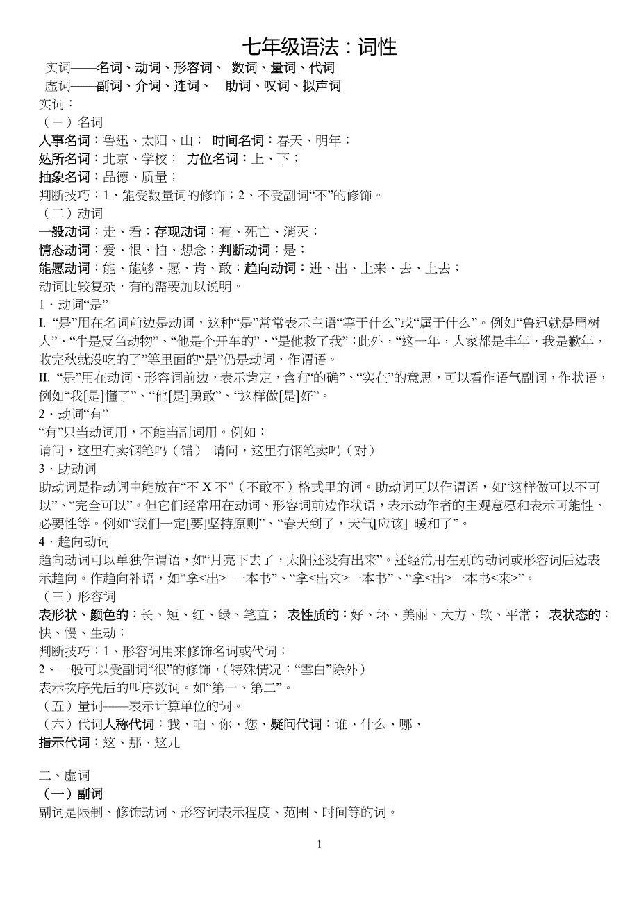 七年级初一语文语法：词性_第1页