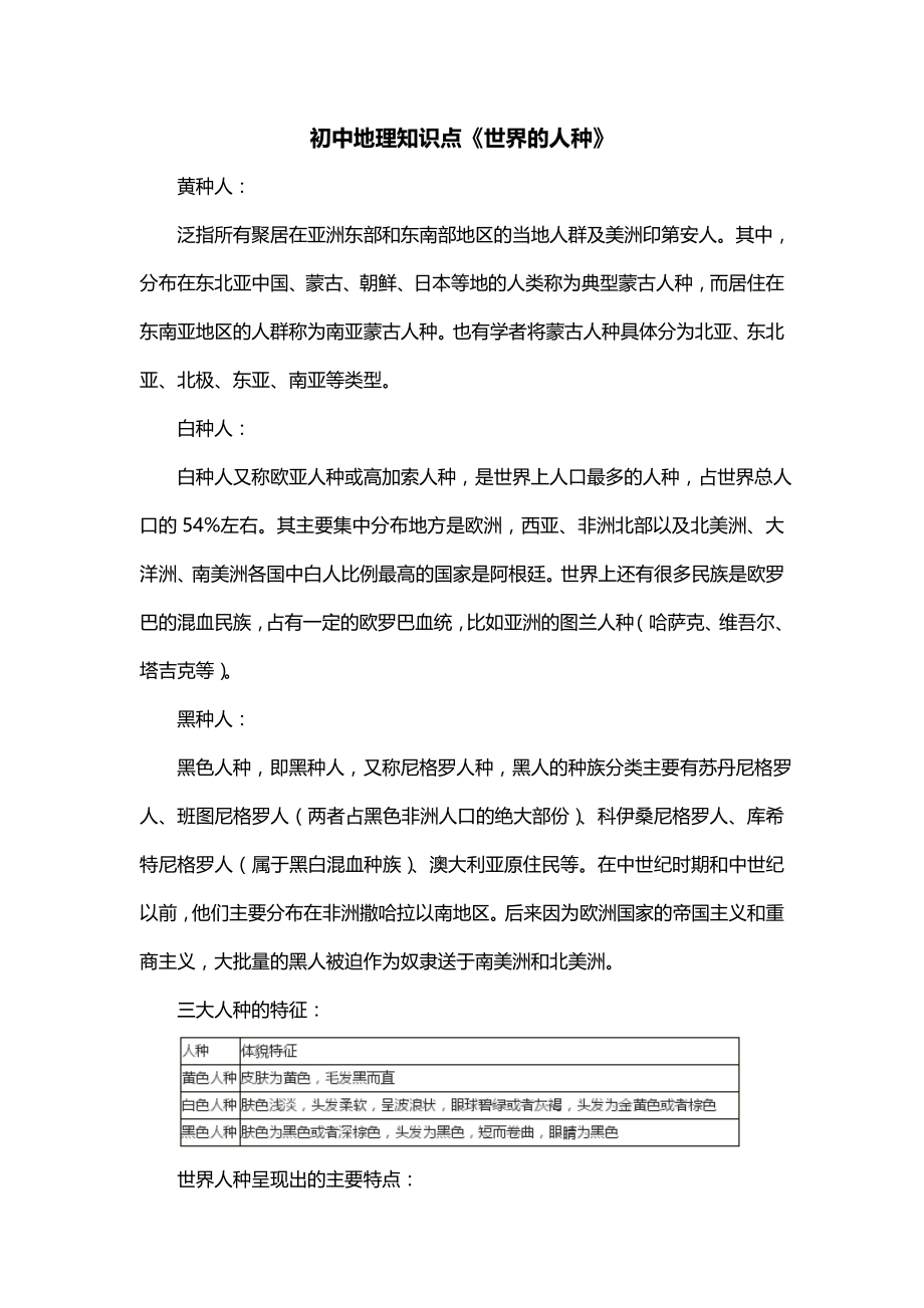 初中地理知识点《世界的人种》_第1页