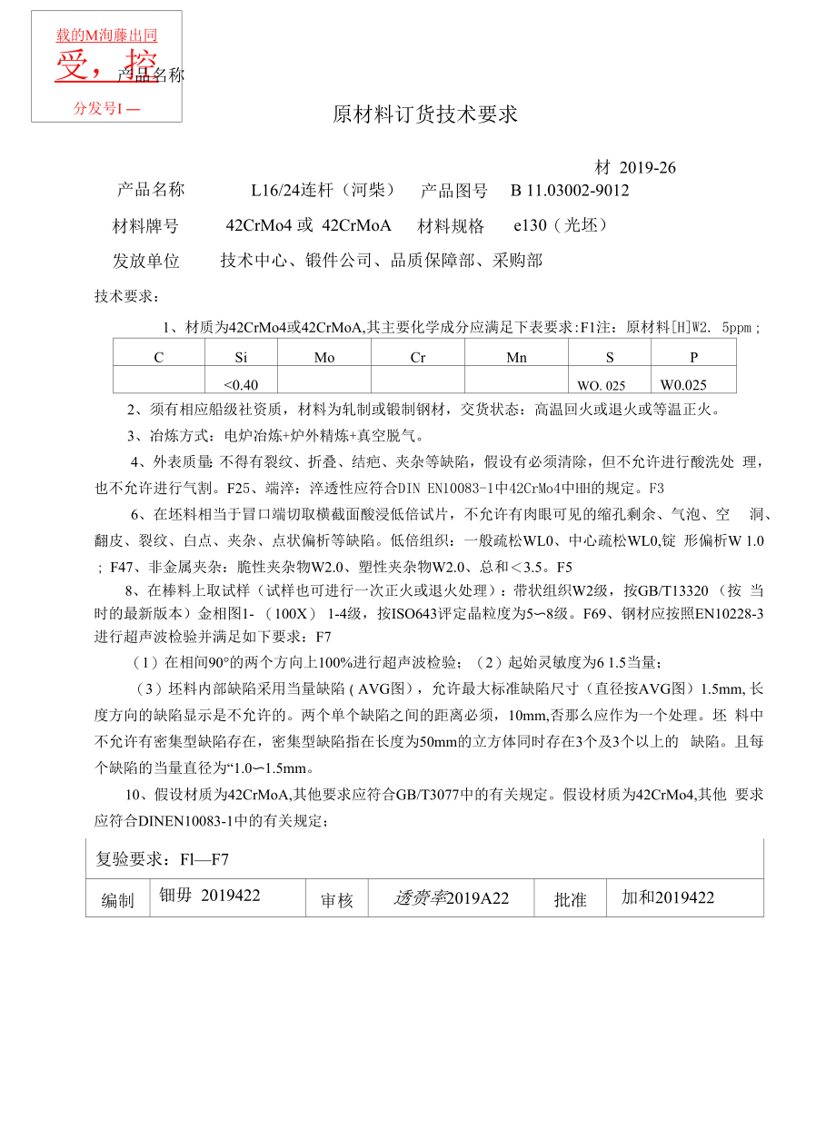 重庆长征重工有限责任公司受控分发号原材料订货技术要求_第1页