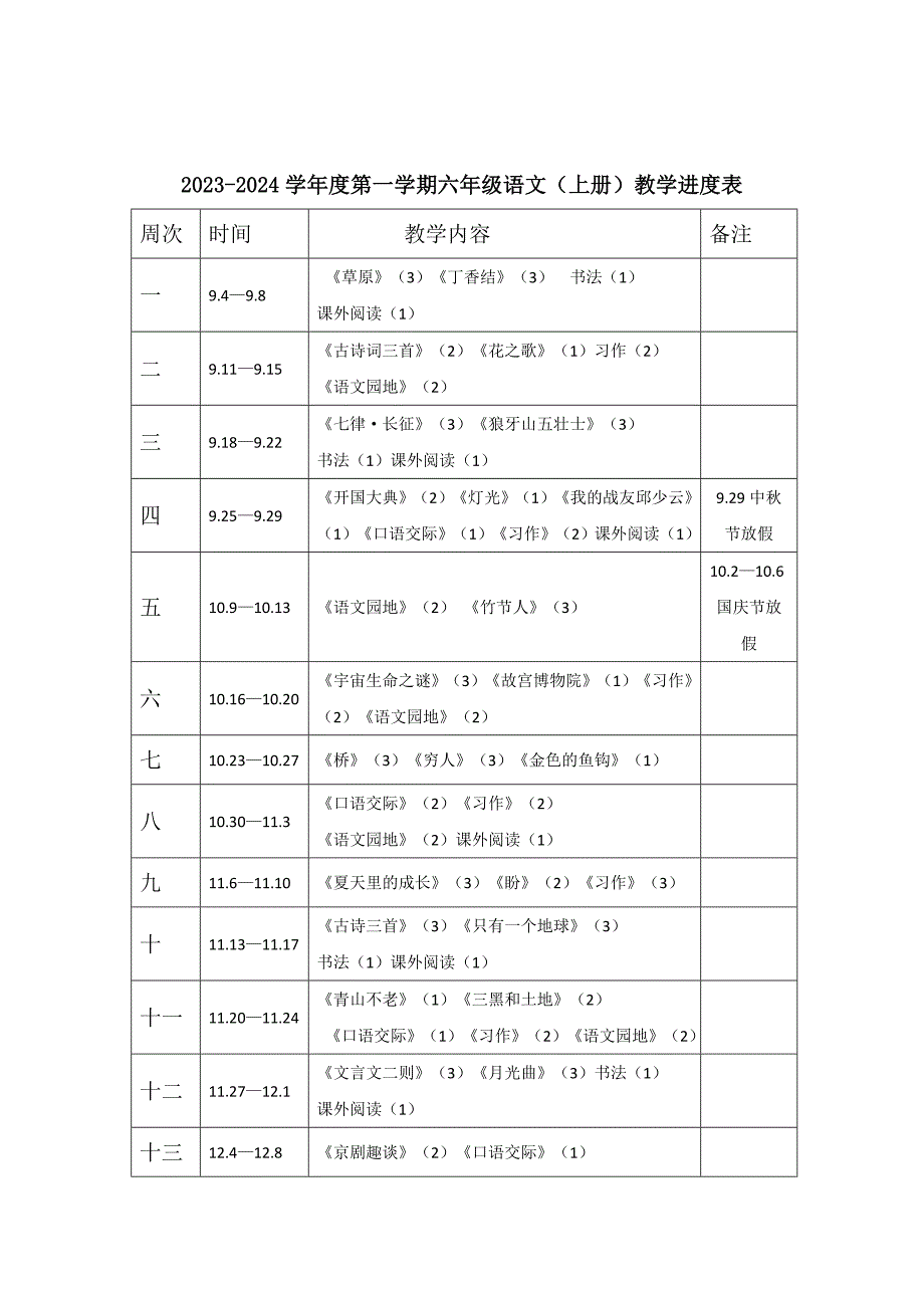 2023秋人教部编版小学六年级上册语文教学进度表_第1页