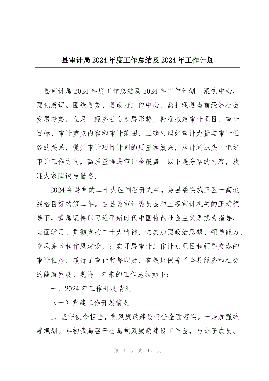 县审计局2024年度工作总结及2024年工作计划_第1页
