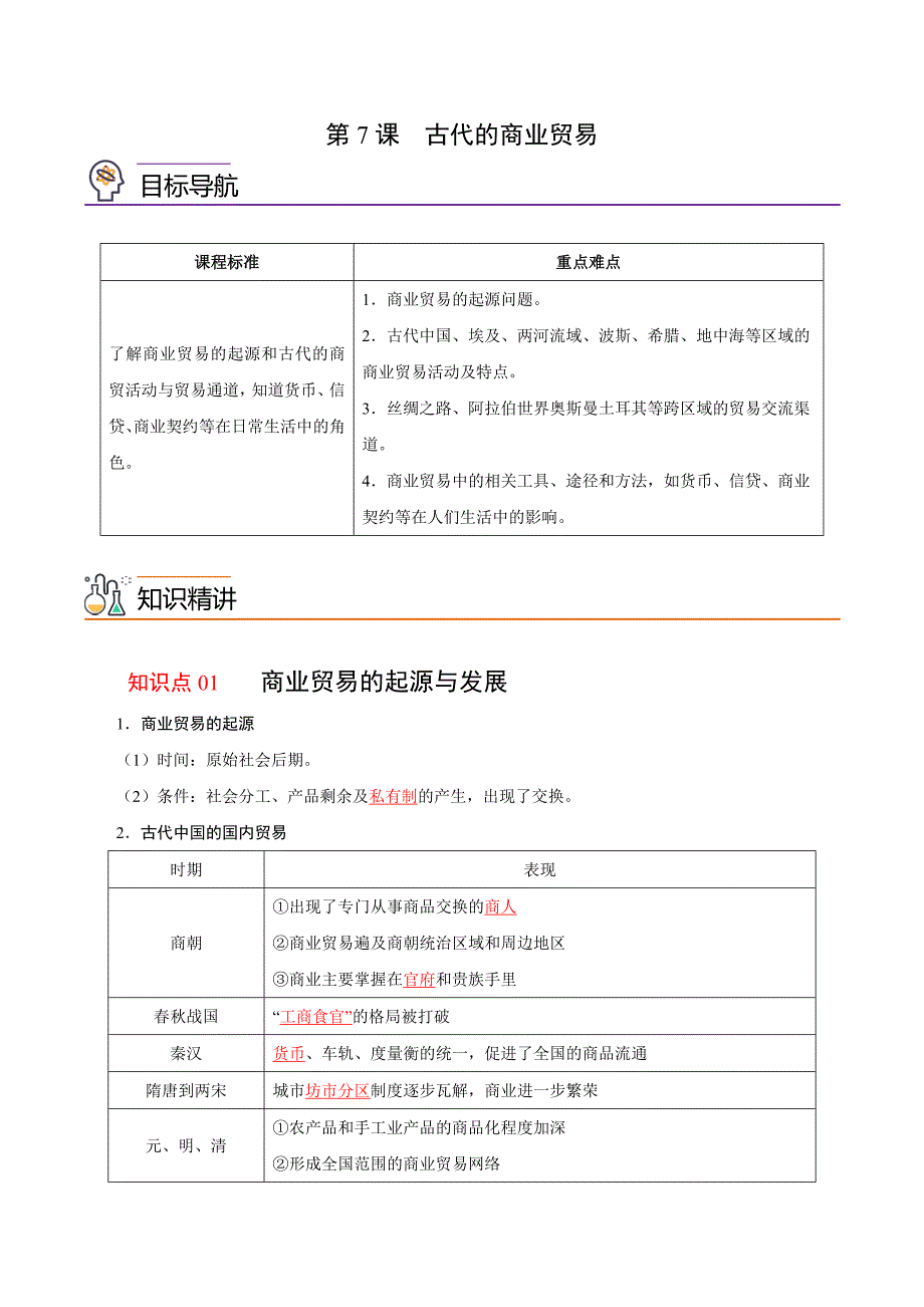 部编版高中历史选择性必修二精品同步讲义第7课 古代的商业贸易（解析版）_第1页