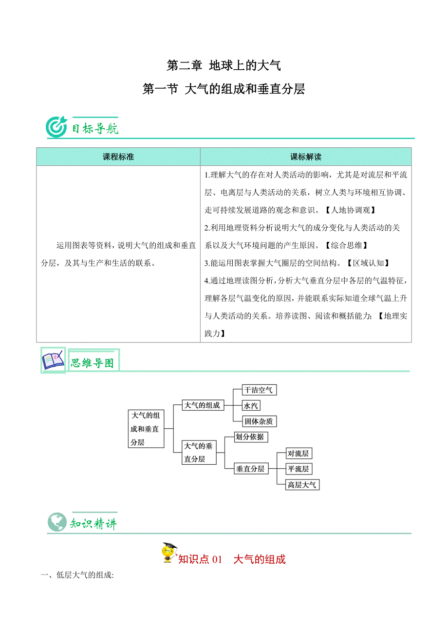 人教版高中地理必修一精品同步讲义2.1 大气的组成和垂直分层（含解析）_第1页