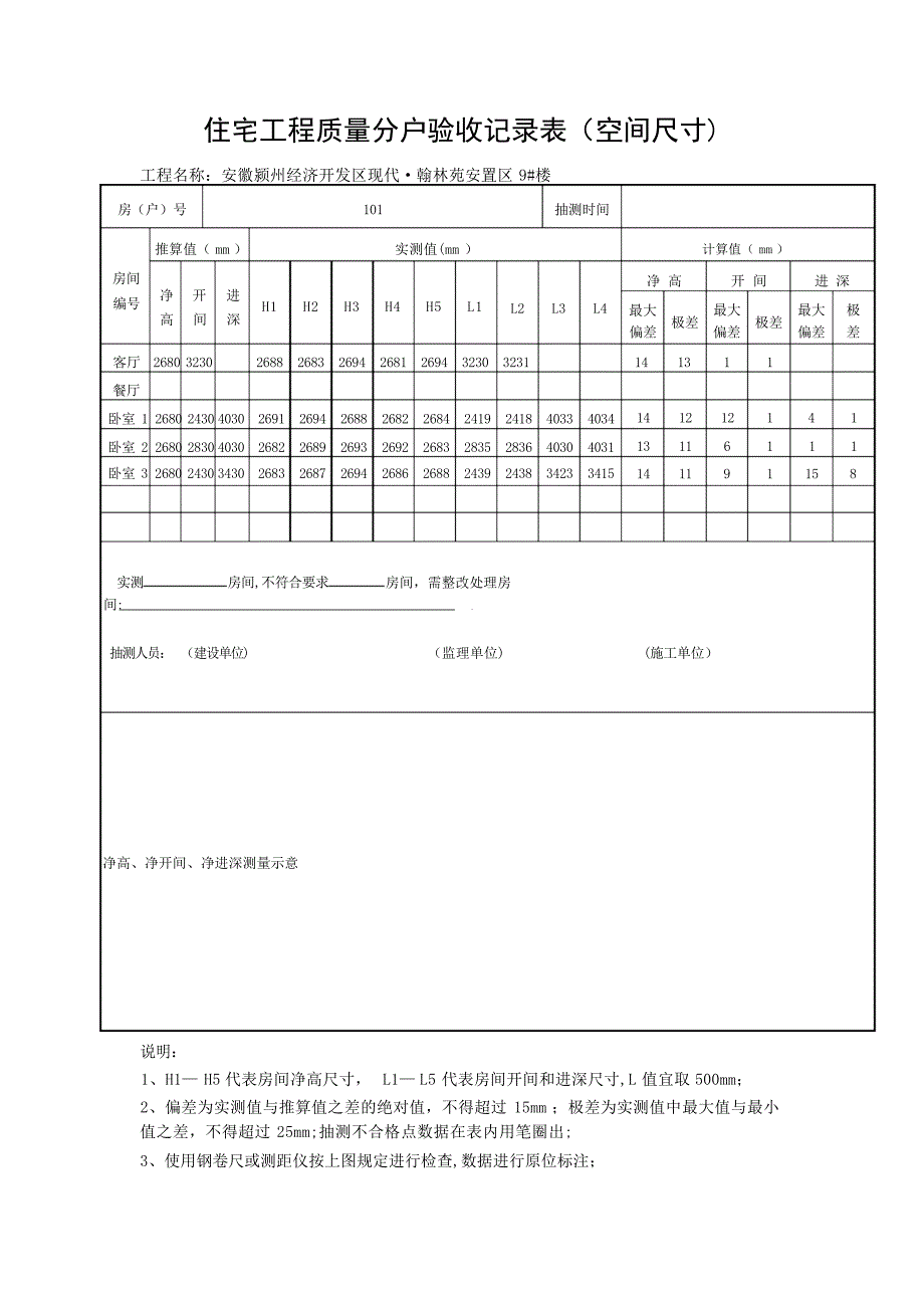 住宅工程质量分户验收记录表(空间尺寸)建筑资料_第1页