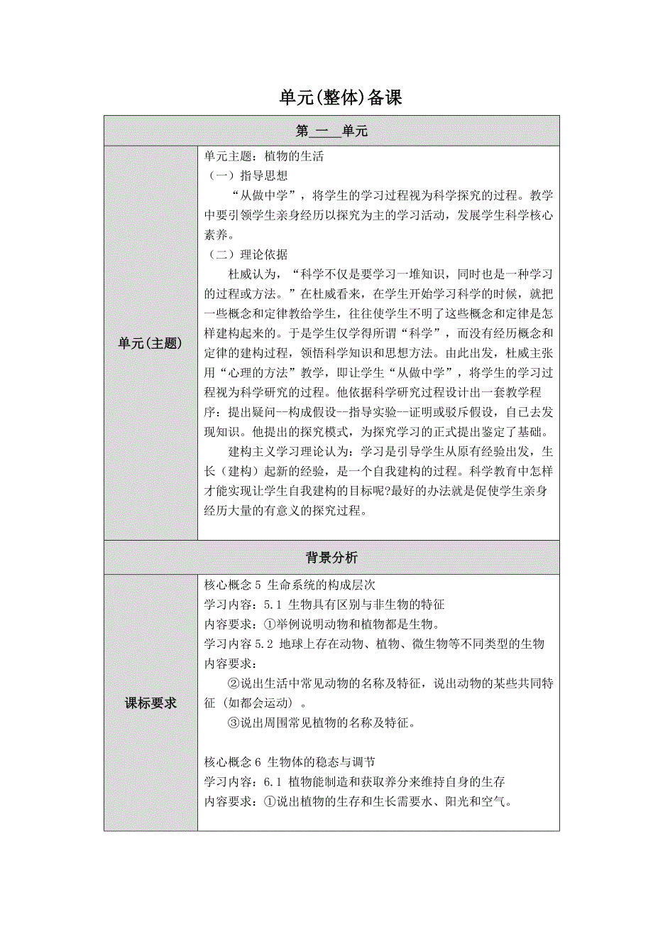人教版鄂教版科学二年级上册一单元《植物的生活》大单元教学设计_第1页
