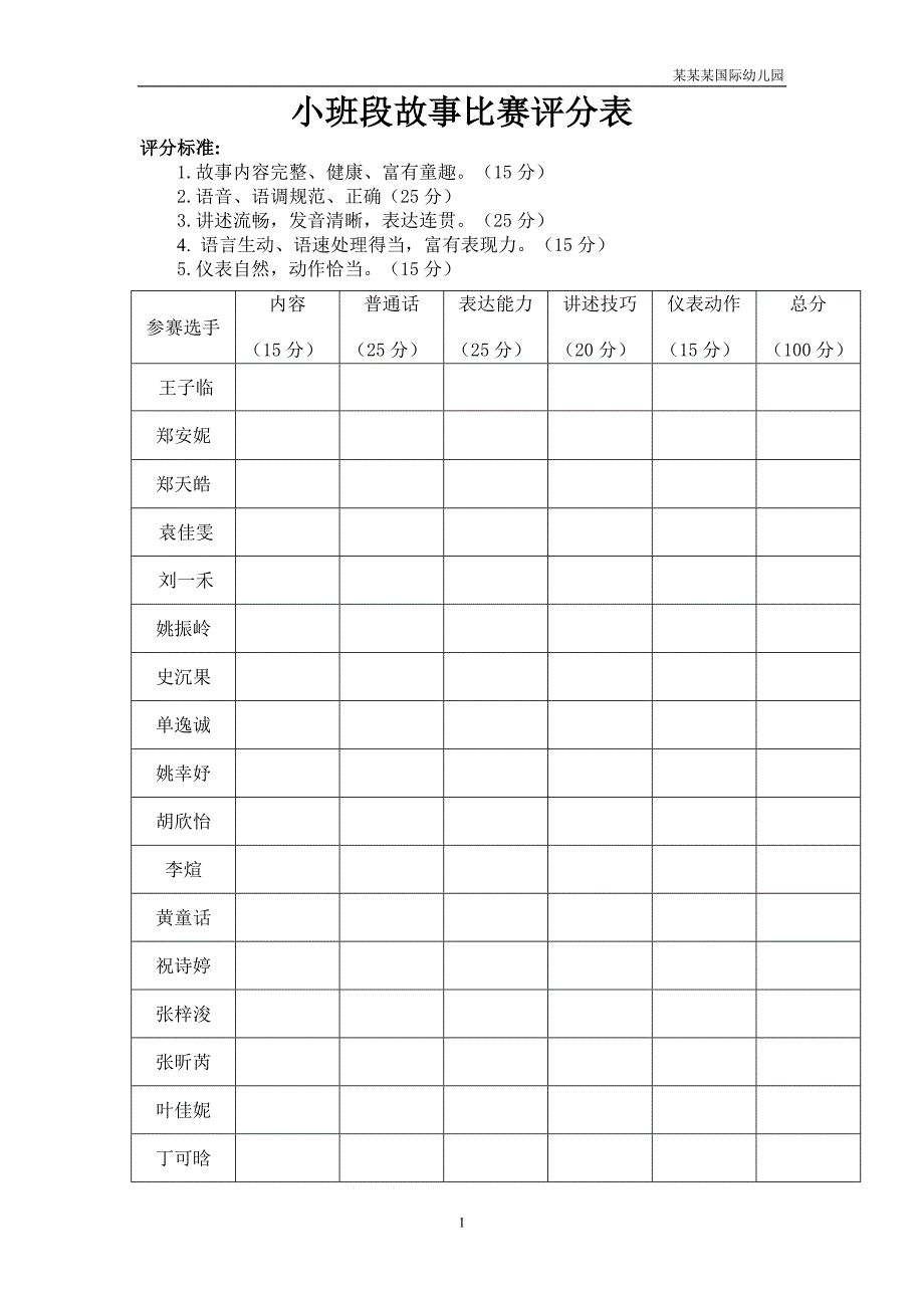 可编辑幼儿园讲故事评分表格_第1页