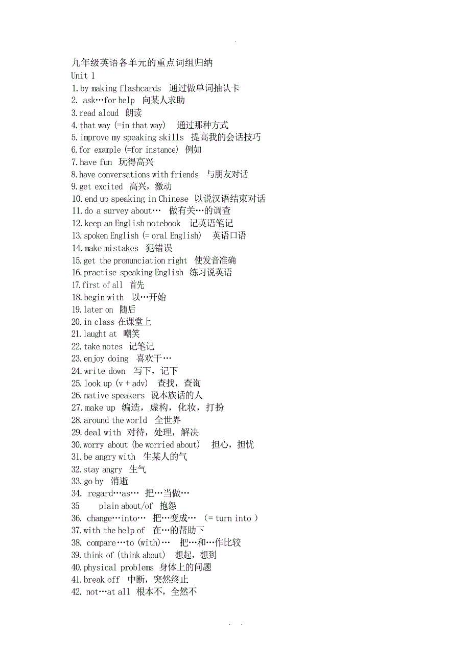 九年级英语各单元的重点词组归纳初中教育_第1页
