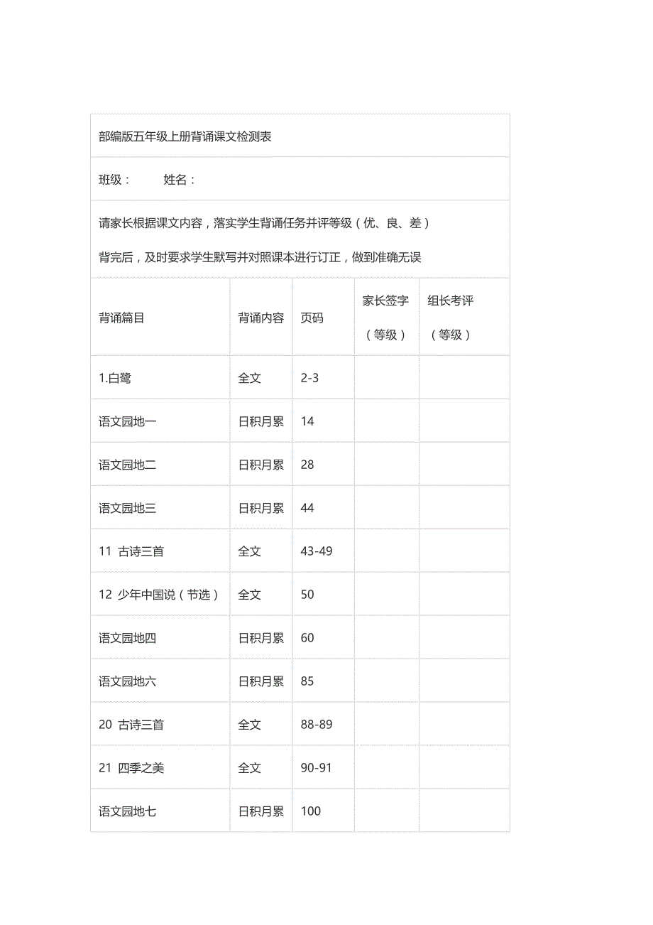 部编版五年级上册语文教材-全册课文背诵整理+检测表_第1页