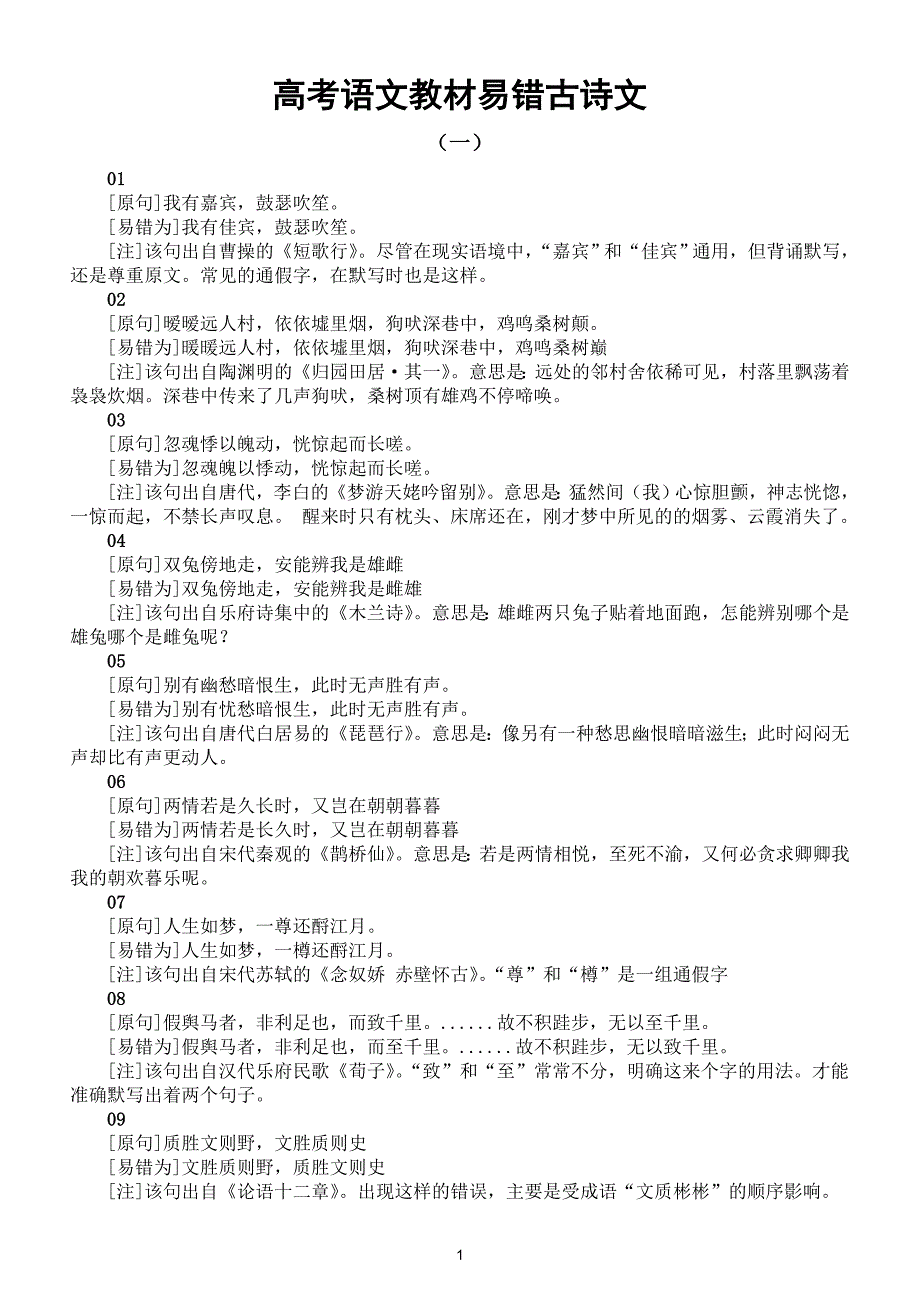 高中语文2024届高考复习易背错写错古诗文汇总（共两组）_第1页