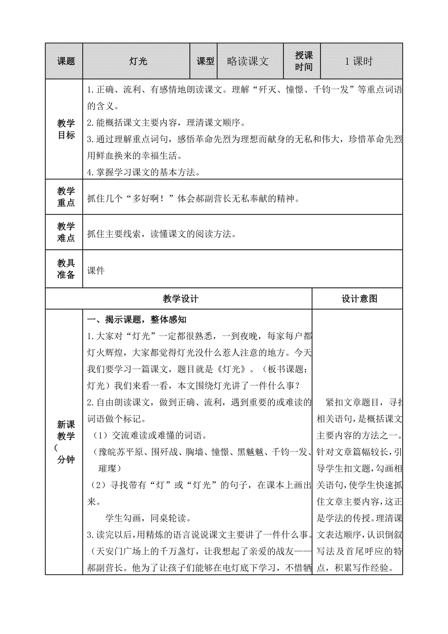 最新人教部编版六年级语文上册《灯光》教学设计_第1页
