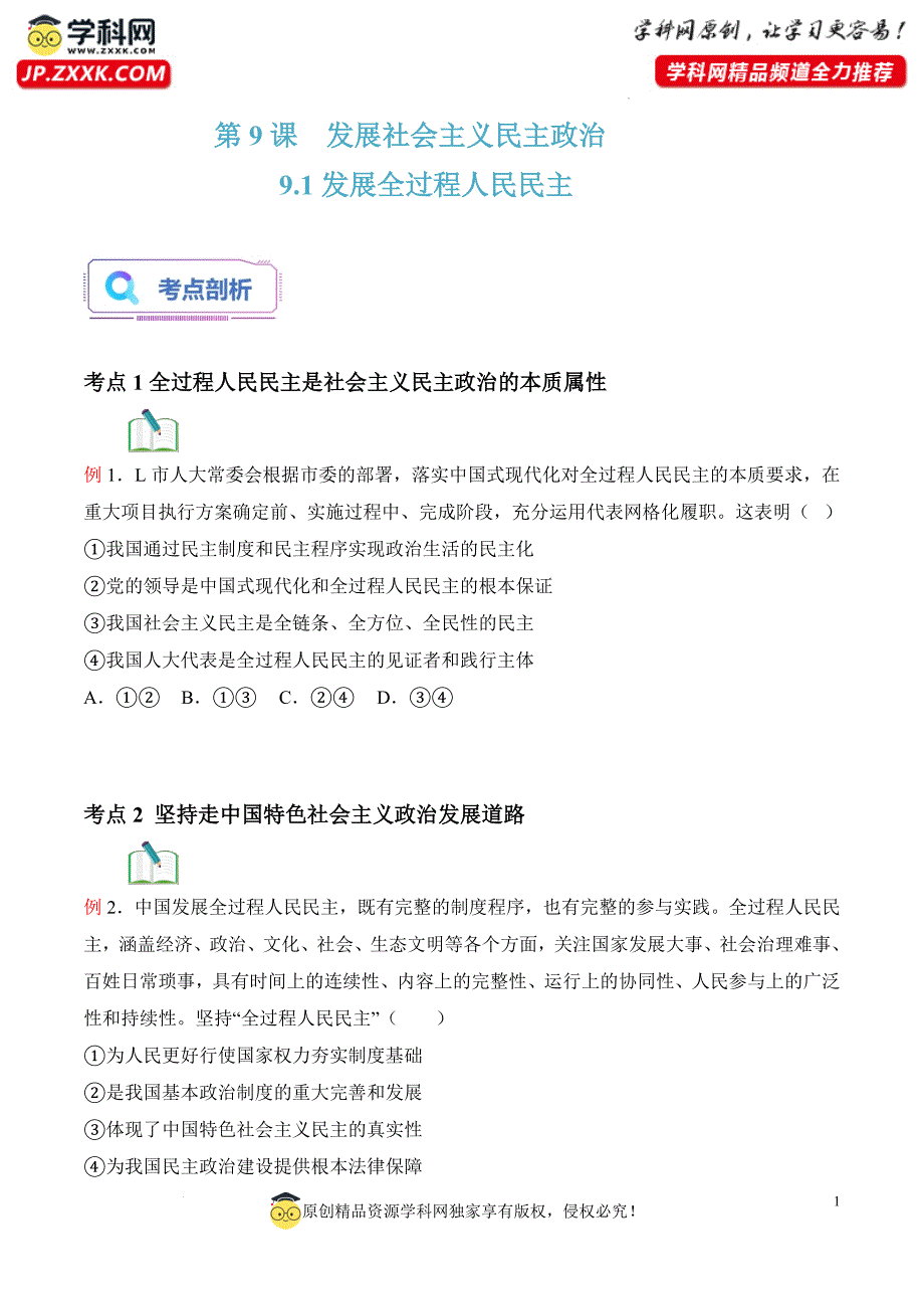 9.1发展全过程人民民主(原卷版）_第1页