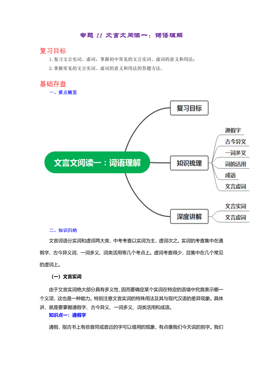 2023年中考语文复习专题11文言文阅读一-词语理解考点通讲(学生版)_第1页