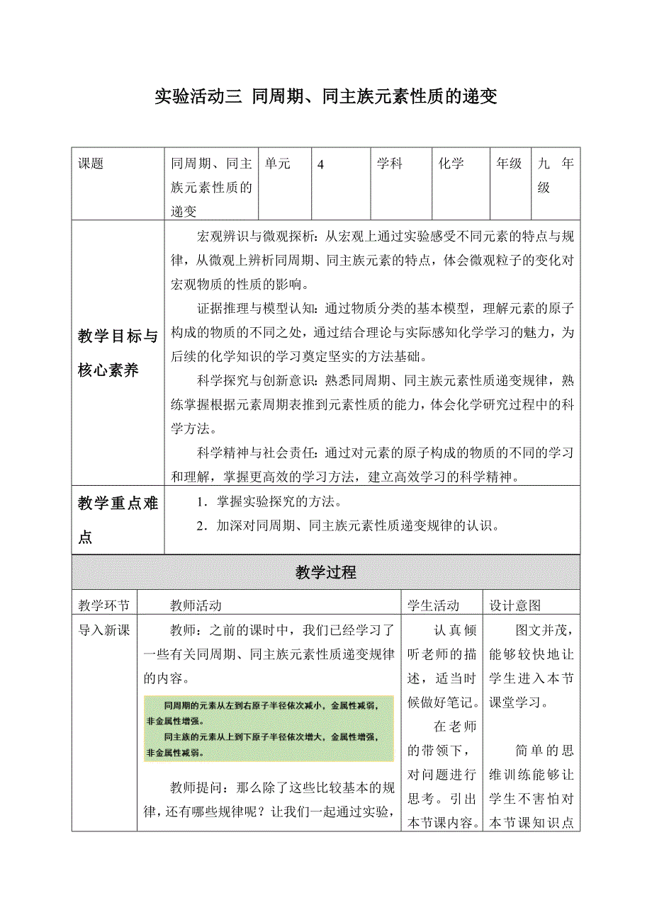 高中化学必修第一册《实验活动3 同周期、同主族元素性质的递变》教学设计-统编人教版_第1页