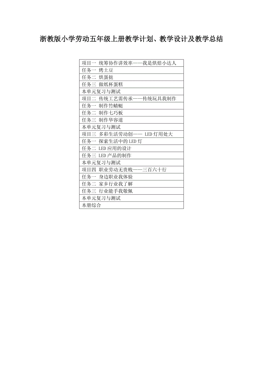 浙教版小学劳动五年级上册教学计划、教学设计及教学总结_第1页