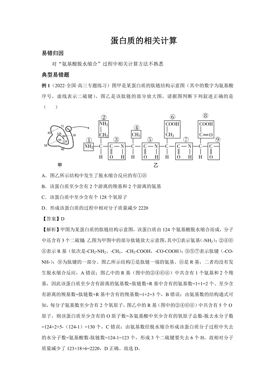 高一生物复习易错点讲义：蛋白质的相关计算_第1页