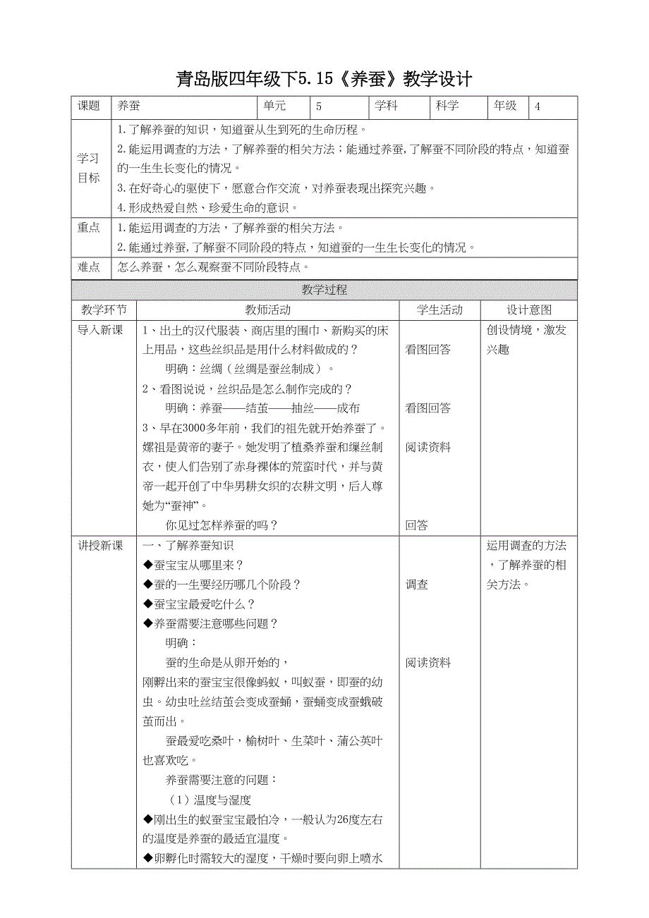 5-15《养蚕》教案 科学青岛版六三制四年级下册_第1页