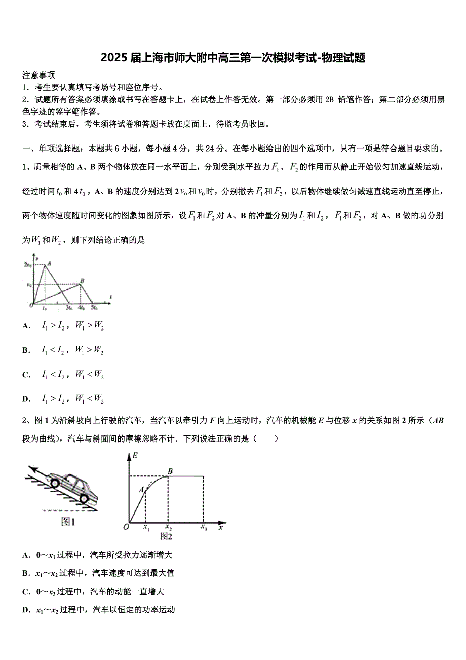 2025届上海市师大附中高三第一次模拟考试-物理试题_第1页