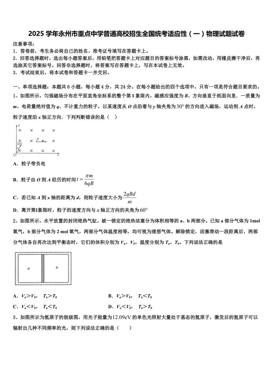 2025学年永州市重点中学普通高校招生全国统考适应性（一）物理试题试卷_第1页