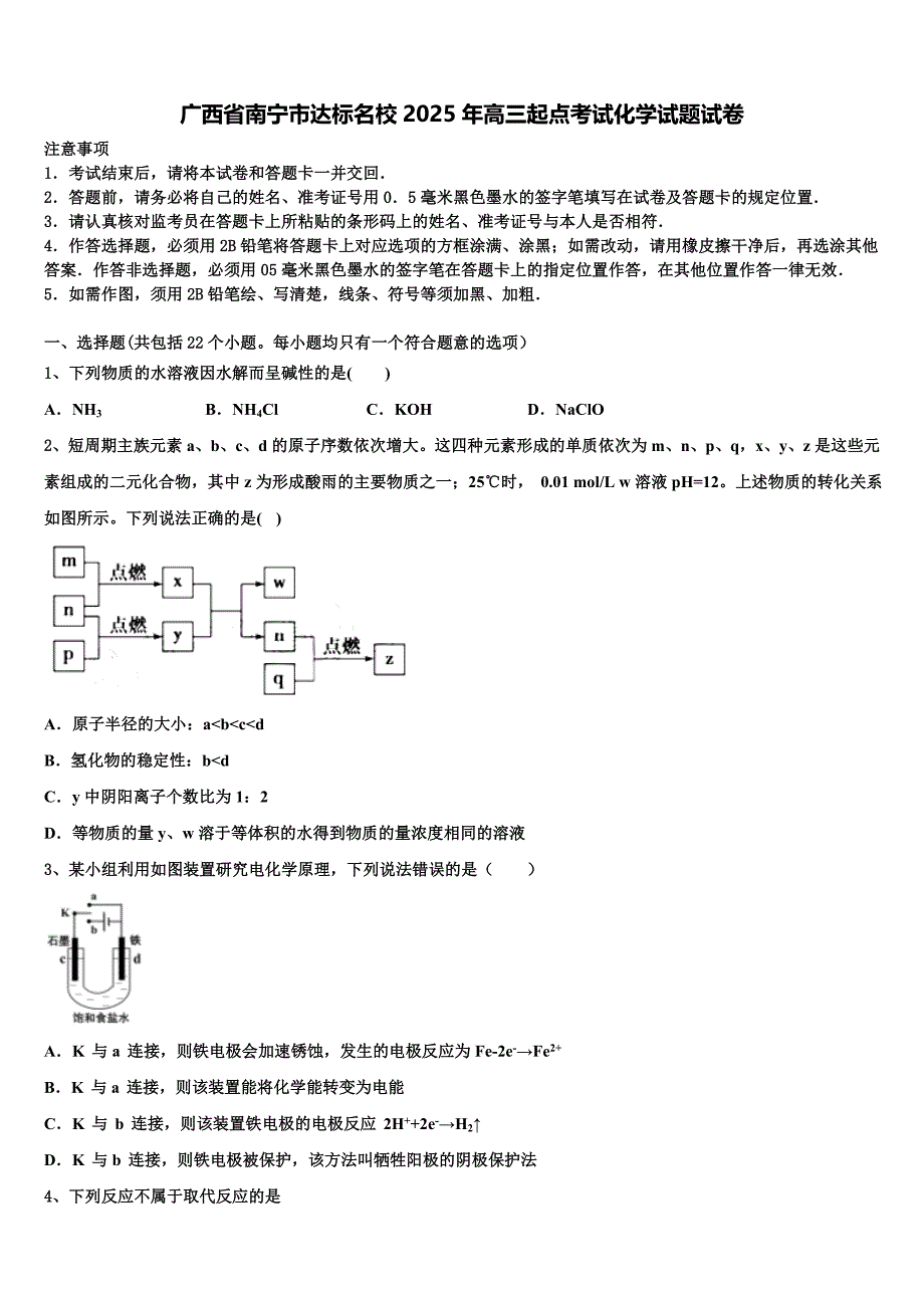 广西省南宁市达标名校2025年高三起点考试化学试题试卷含解析_第1页