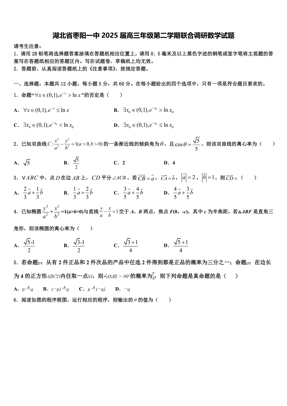 湖北省枣阳一中2025届高三年级第二学期联合调研数学试题_第1页