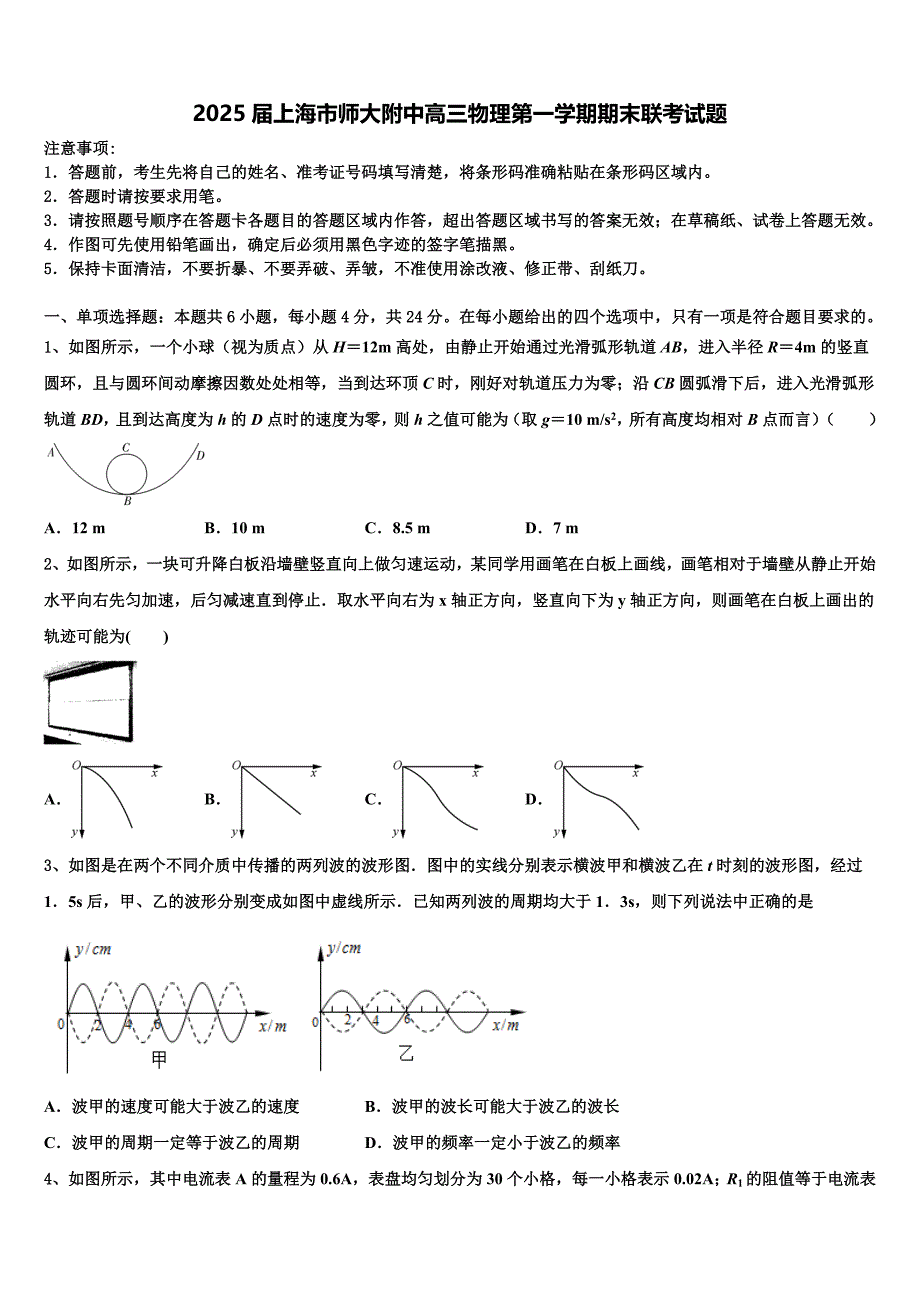 2025届上海市师大附中高三物理第一学期期末联考试题含解析_第1页