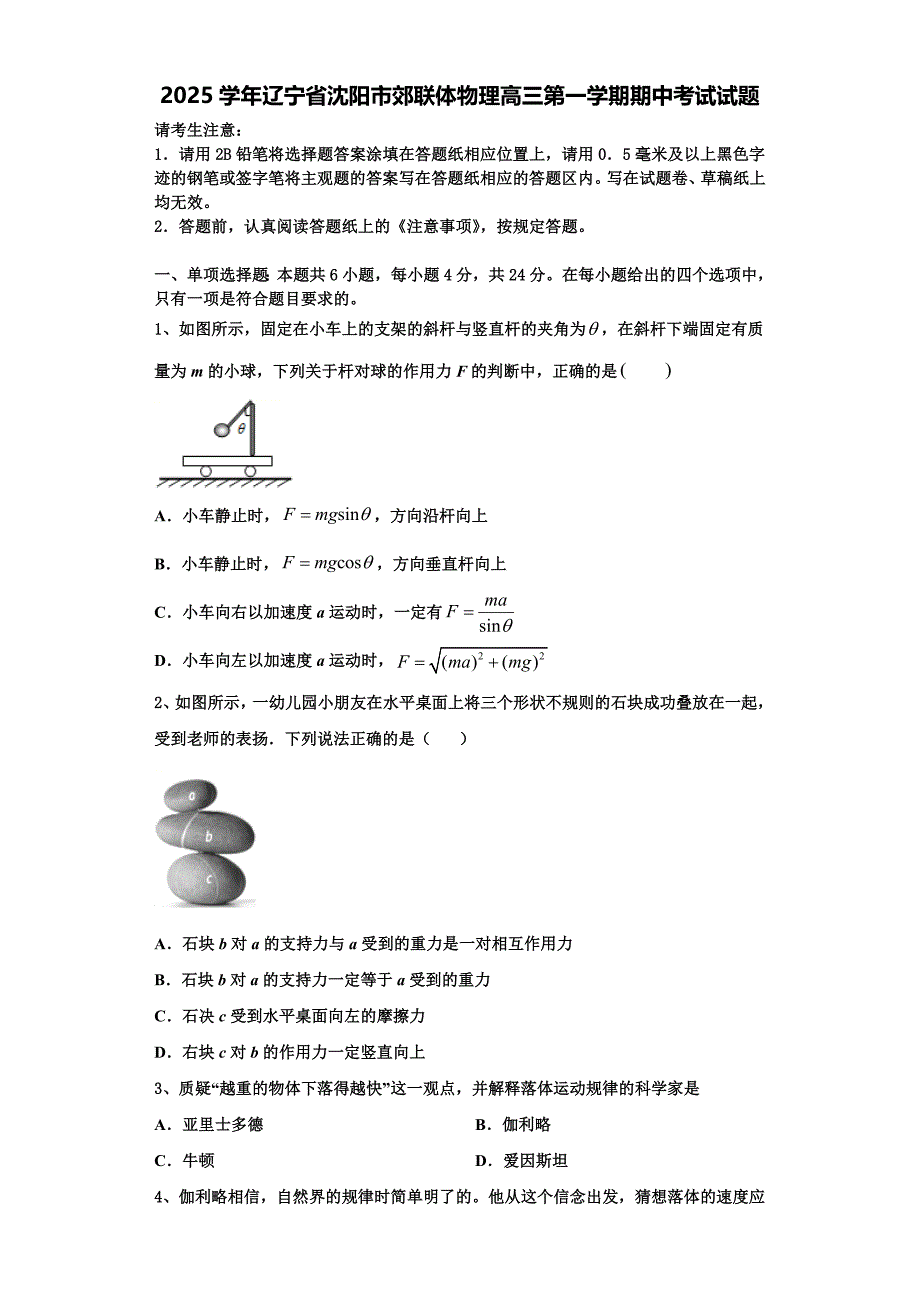 2025学年辽宁省沈阳市郊联体物理高三第一学期期中考试试题含解析_第1页