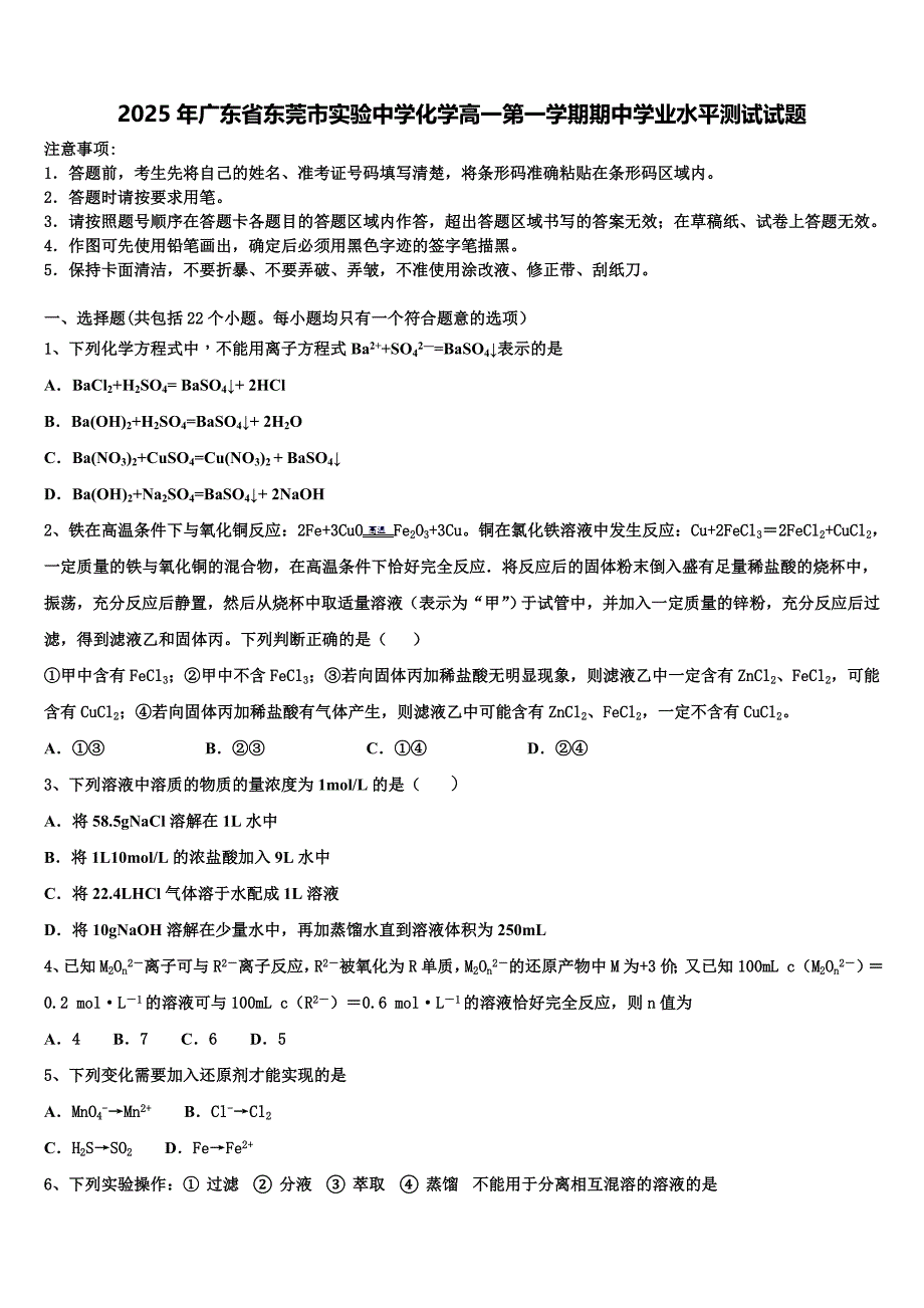 2025年广东省东莞市实验中学化学高一第一学期期中学业水平测试试题含解析_第1页