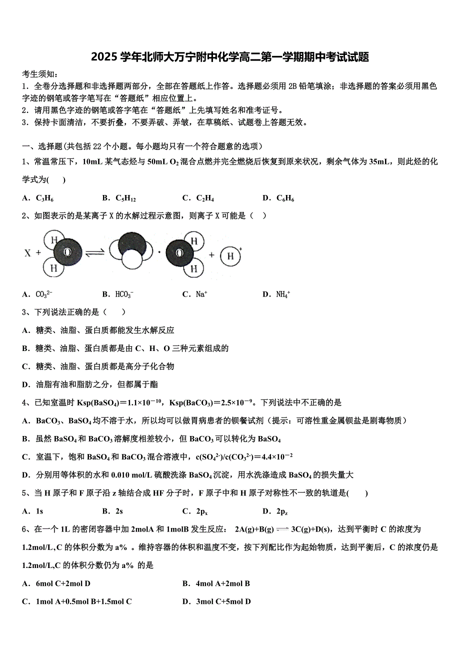 2025学年北师大万宁附中化学高二第一学期期中考试试题含解析_第1页