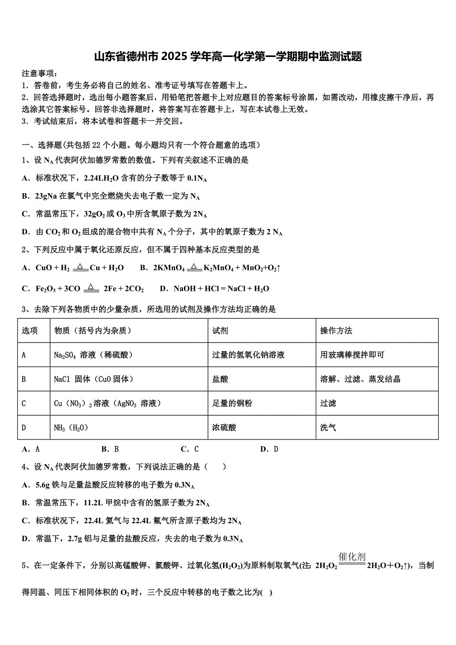 山东省德州市2025学年高一化学第一学期期中监测试题含解析_第1页