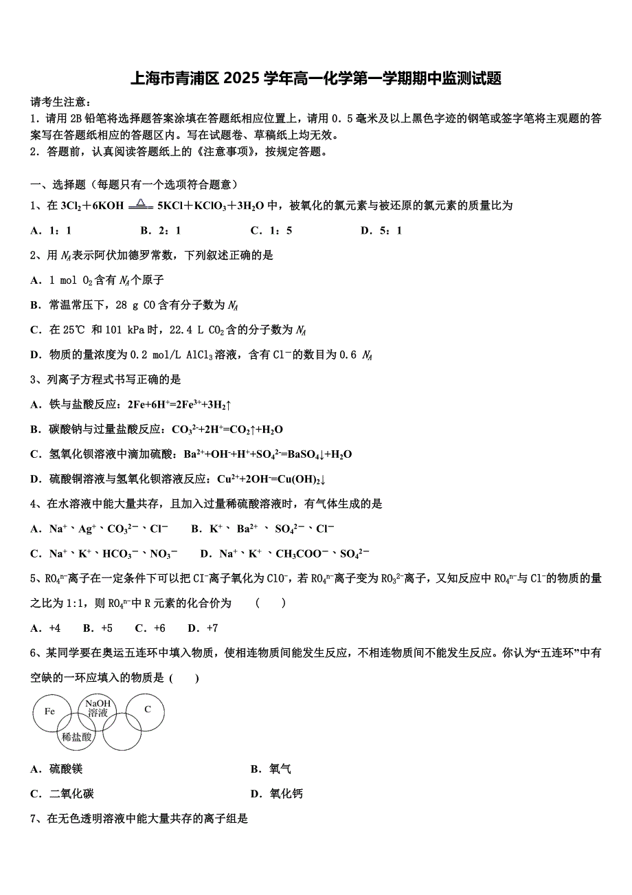 上海市青浦区2025学年高一化学第一学期期中监测试题含解析_第1页