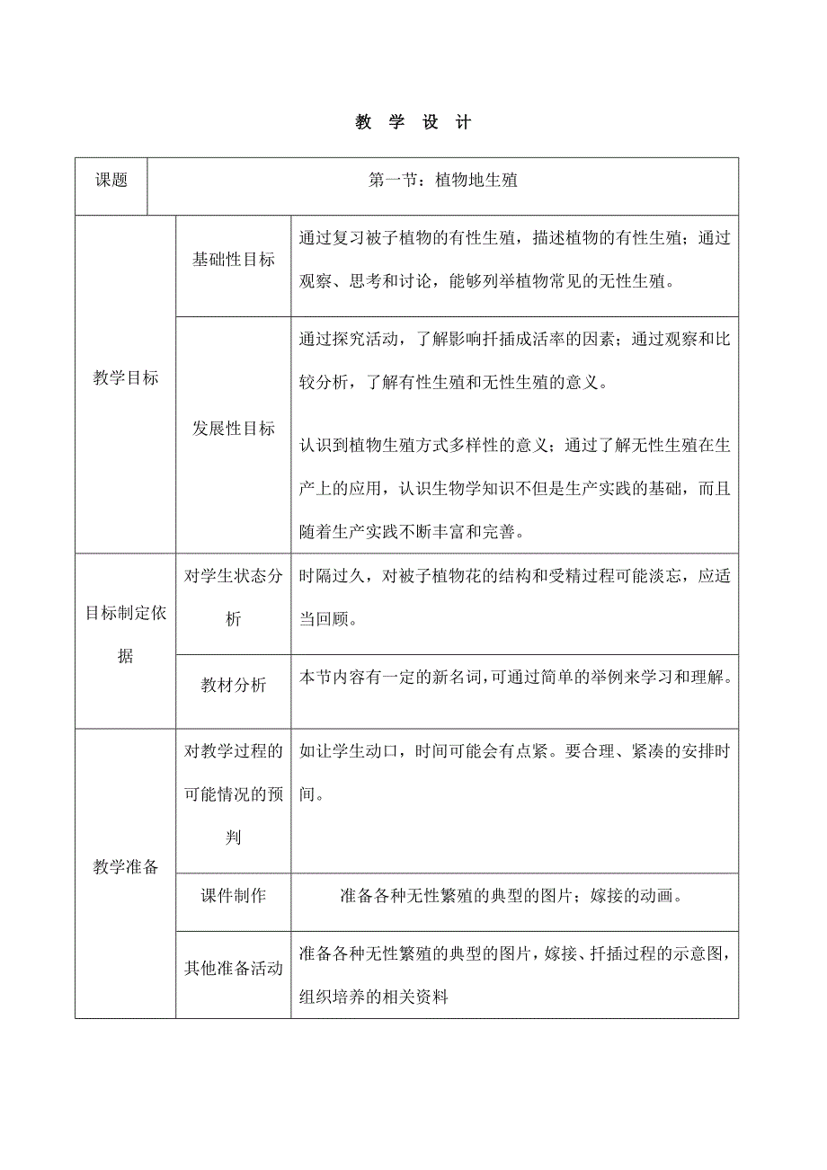2024年秋初中生物八年级下册教学设计（最新教案）7.1.1 植物的生殖_第1页