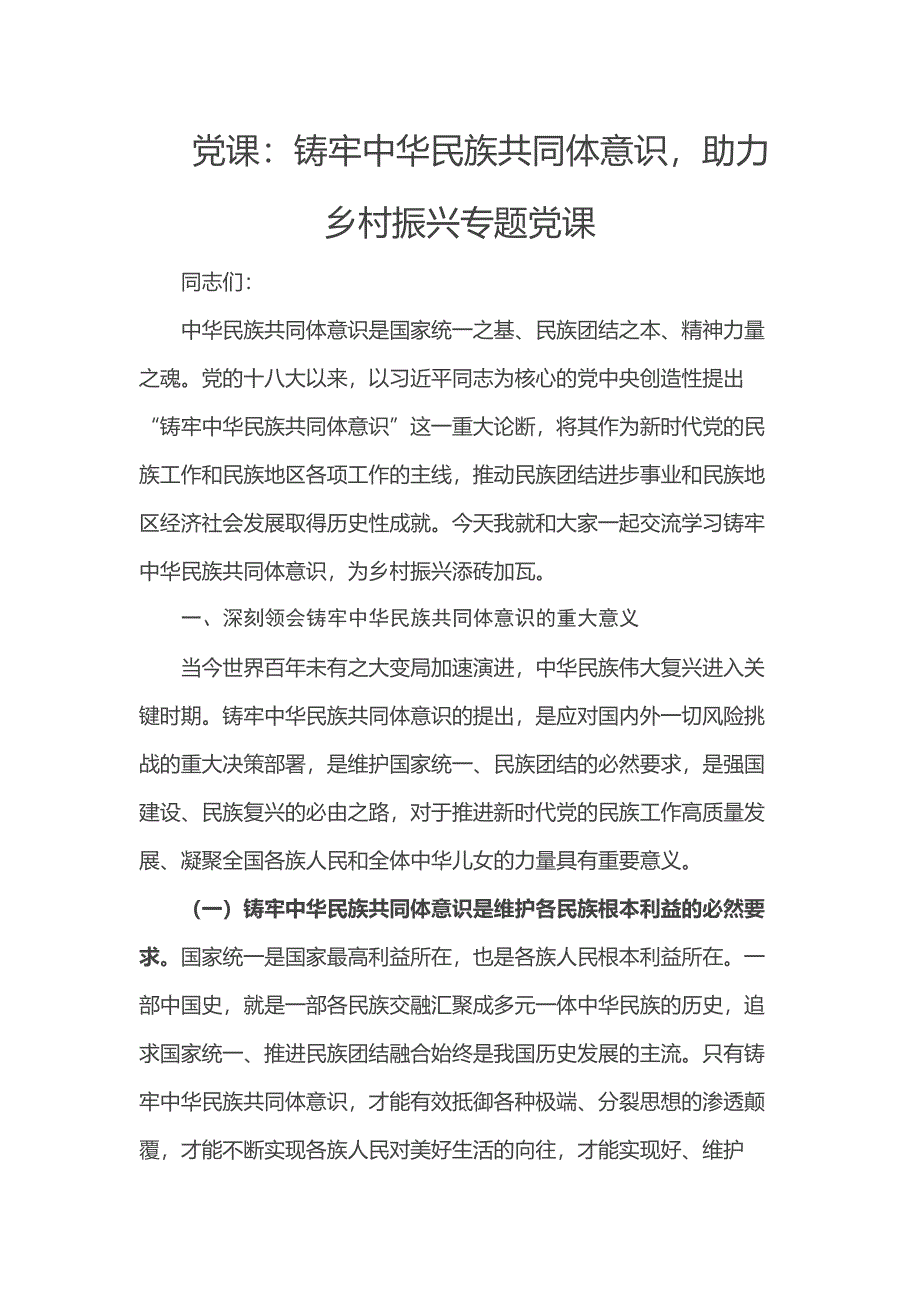 党课：铸牢中华民族共同体意识助力乡村振兴专题党课_第1页