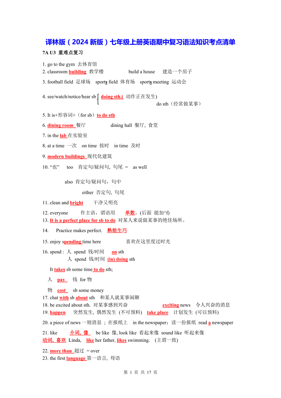 译林版（2024新版）七年级上册英语期中复习语法知识考点清单_第1页