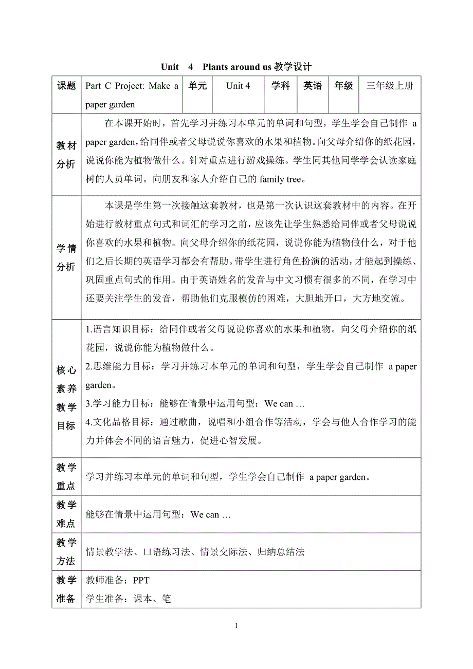 人教PEP（2024）三年级英语上册Unit 4 C Project核心素养教学设计_第1页