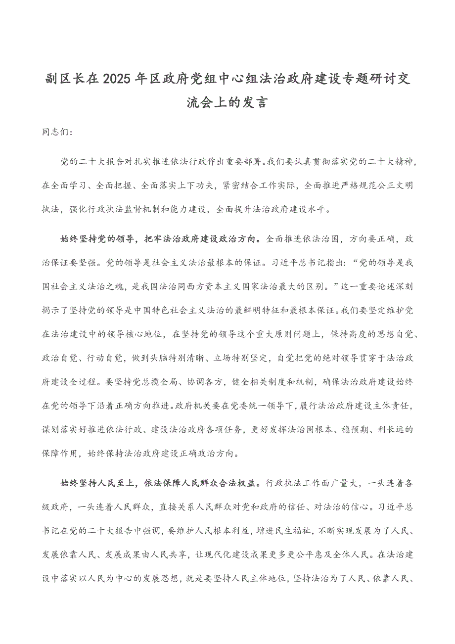 副区长在2025年区政府党组中心组法治政府建设专题研讨交流会上的发言_第1页
