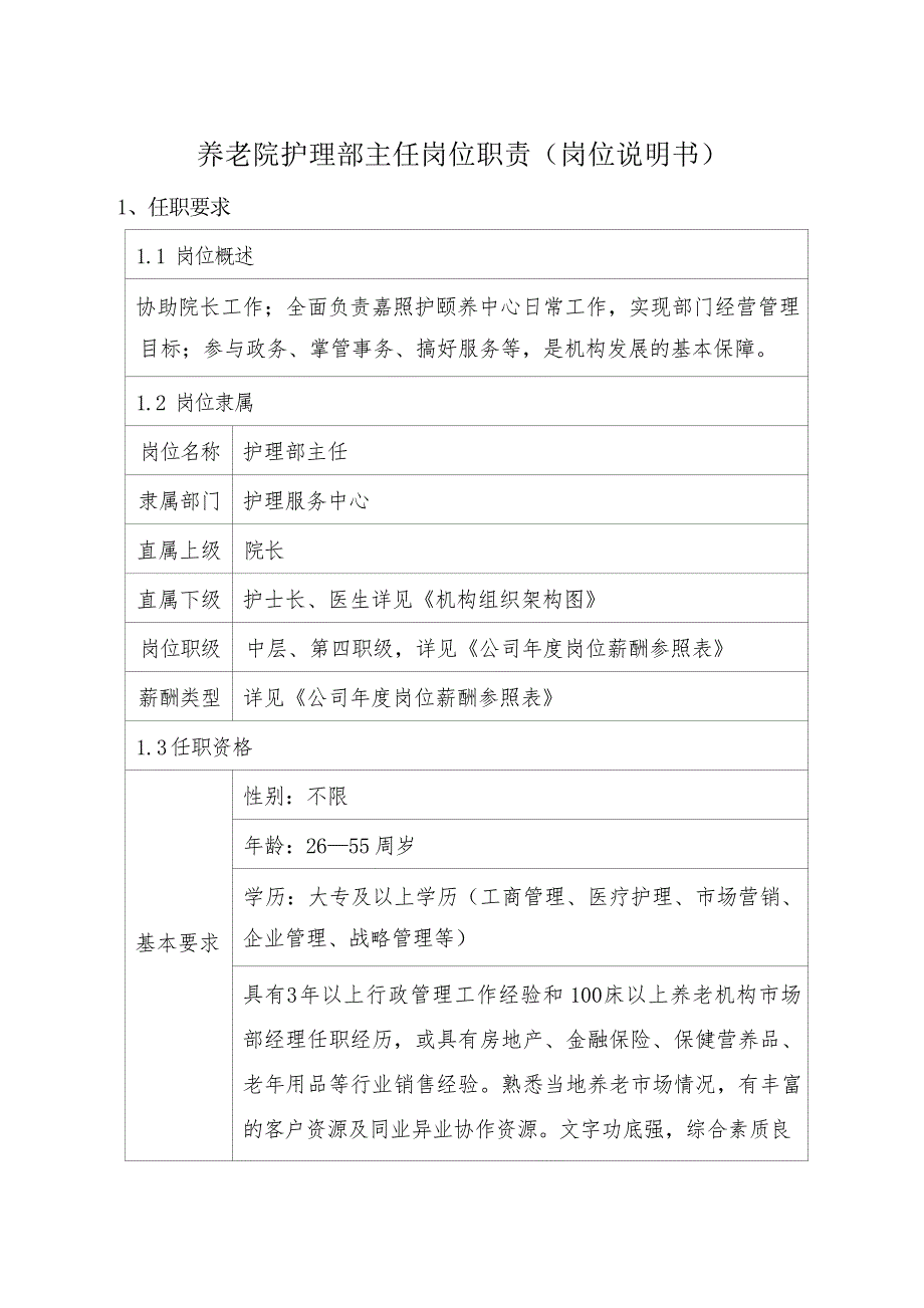 养老院护理部主任岗位职责（岗位说明书）_第1页