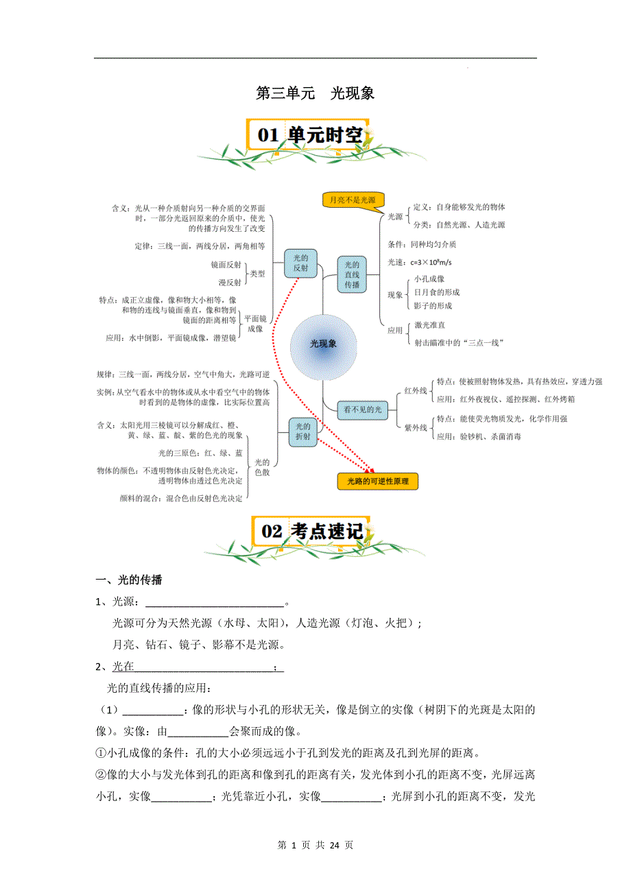 【八年级上册物理】第三单元 光现象【速记清单】-（苏科版）_第1页