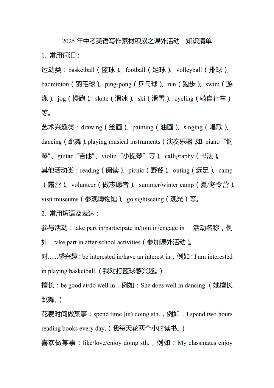 2025年中考英语写作素材积累之课外活动知识清单_第1页