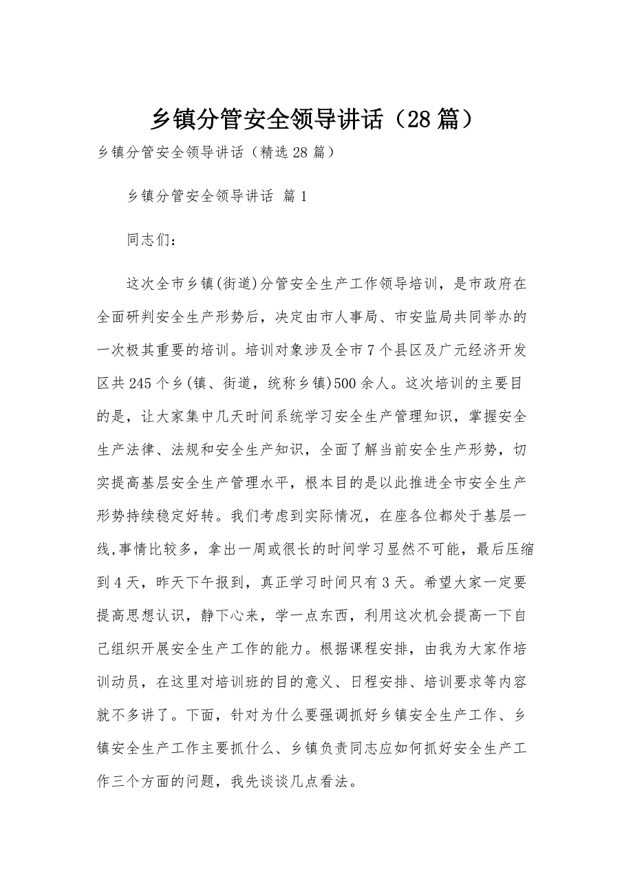 乡镇分管安全领导讲话（28篇）_第1页